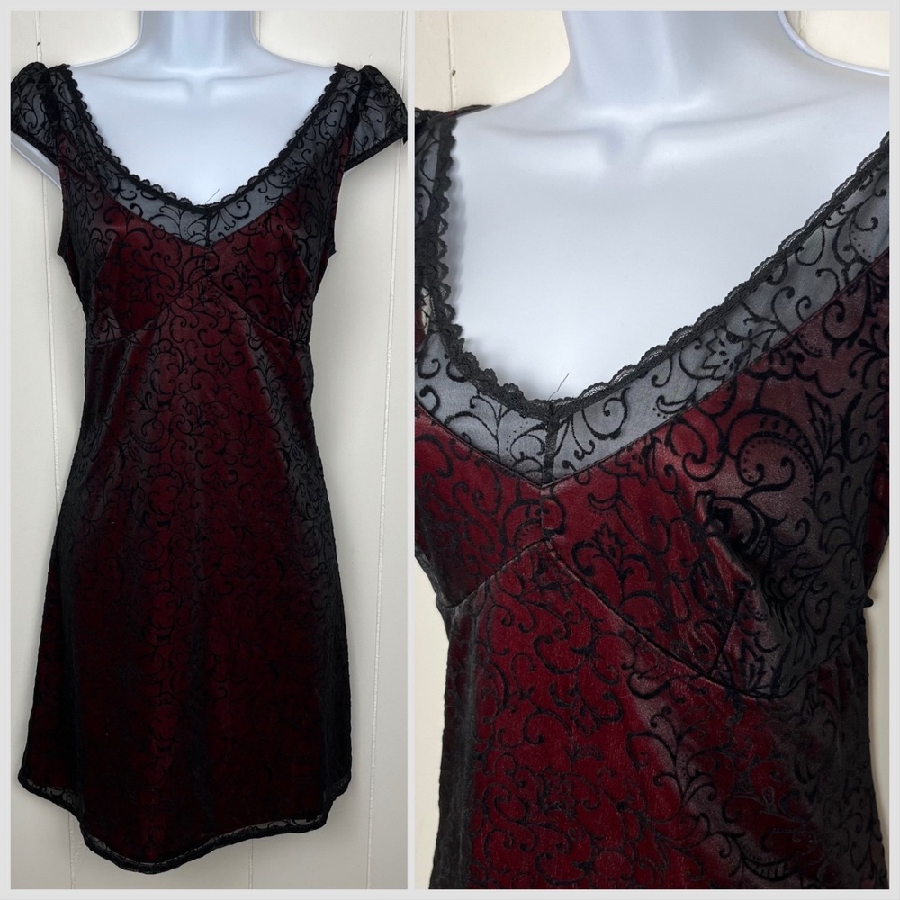 VTG Tart Babydoll Dress Velvet Burnout Sheer L Burgundy Black 90s Y2K Whimsigoth